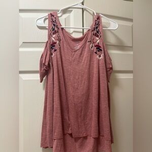 Sonoma Pink Cold Shoulder Top with Floral Embroidery